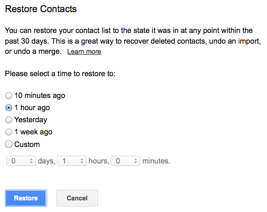 Screen Shot of how you can Restore Contacts - Nerds On Site